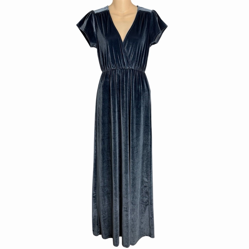 Baltic Born Faux Wrap Maxi Dress Blue Velvet Flutter Sleeve Empire Waist S